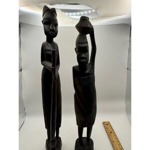 Vintage African Hand Carved Wood Figures Set Tribal Woman Water Pot Staff Decor